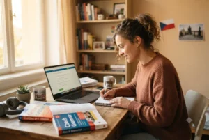 czech language learning resources study environment with books and laptop