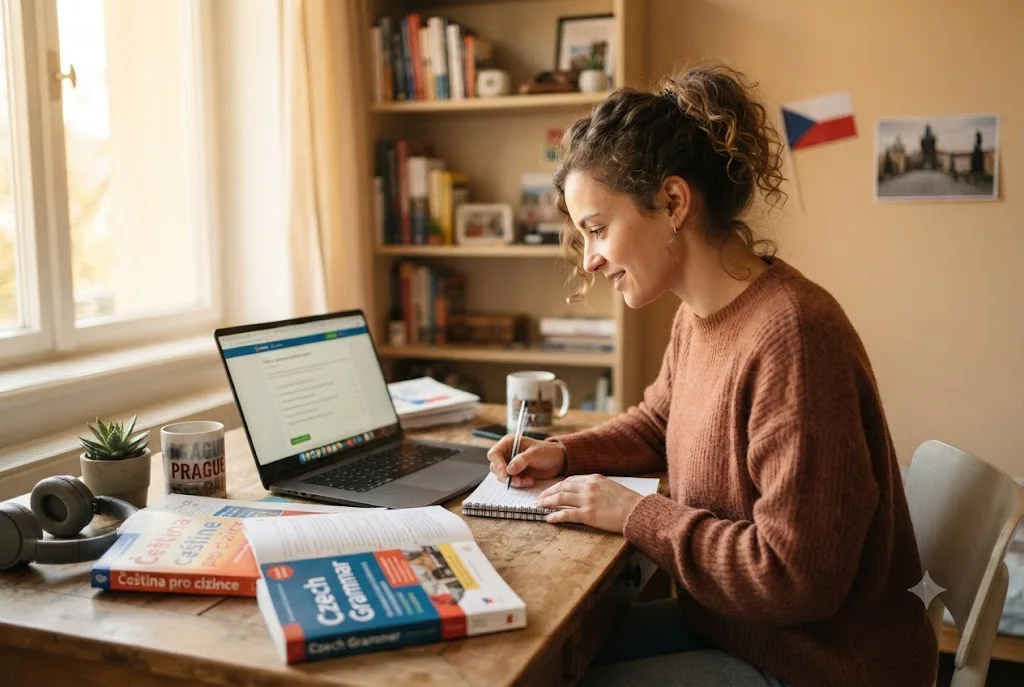 czech language learning resources study environment with books and laptop