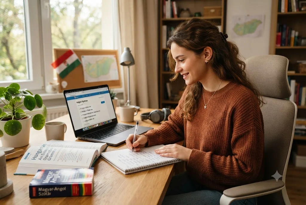 learn hungarian language study setup with books and laptop