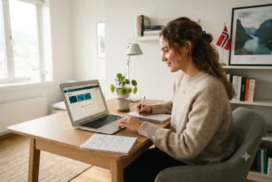 learn Norwegian language study environment with laptop and notes