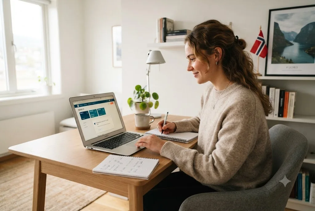 learn Norwegian language study environment with laptop and notes