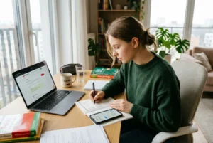 Student using resources to learn polish language through books and digital tools