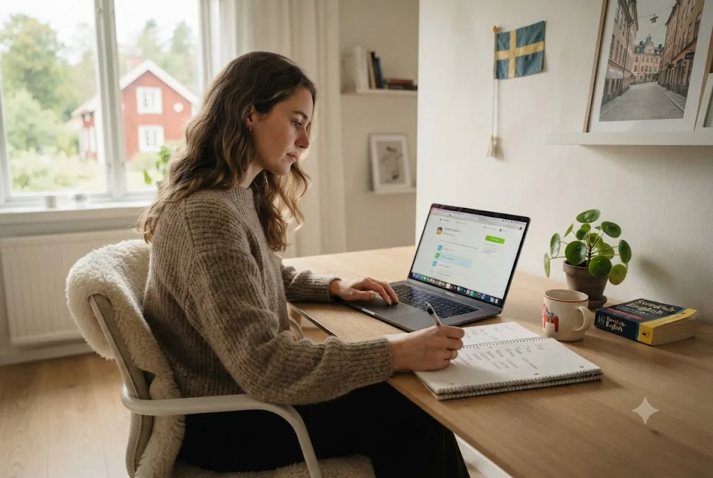 learn Swedish language study environment with laptop and notes