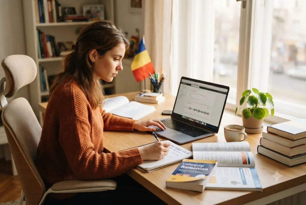 romanian language learning resources study environment with books and laptop
