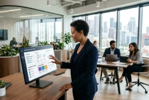 Professional using AI in career development software to create a personalized leadership growth plan.