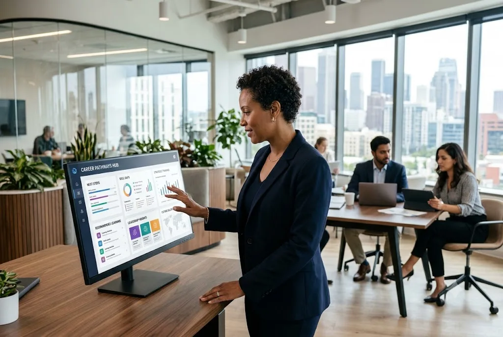 Professional using AI in career development software to create a personalized leadership growth plan.