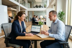 Employee discussing career development questions to ask manager during a professional performance meeting.