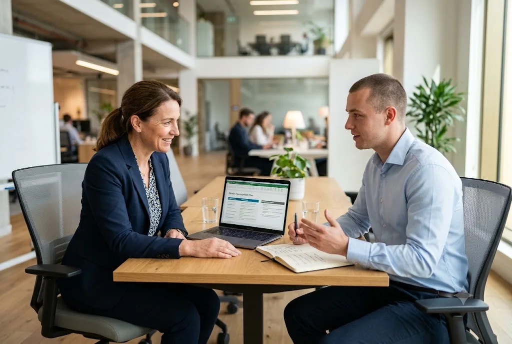 Employee discussing career development questions to ask manager during a professional performance meeting.