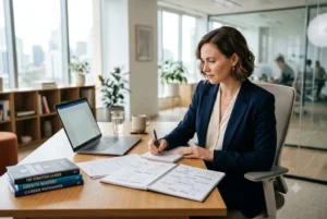Professional creating a career strategy development plan for long-term leadership growth.