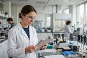 Researcher reviewing documents on a clipboard in a university laboratory - research ethics