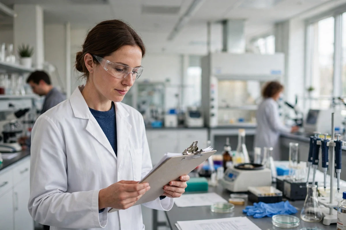 Researcher reviewing documents on a clipboard in a university laboratory - research ethics