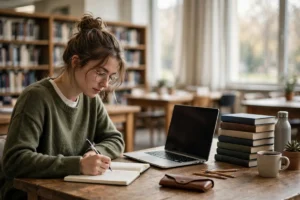 Student writing a thesis statement in a notebook at a library desk