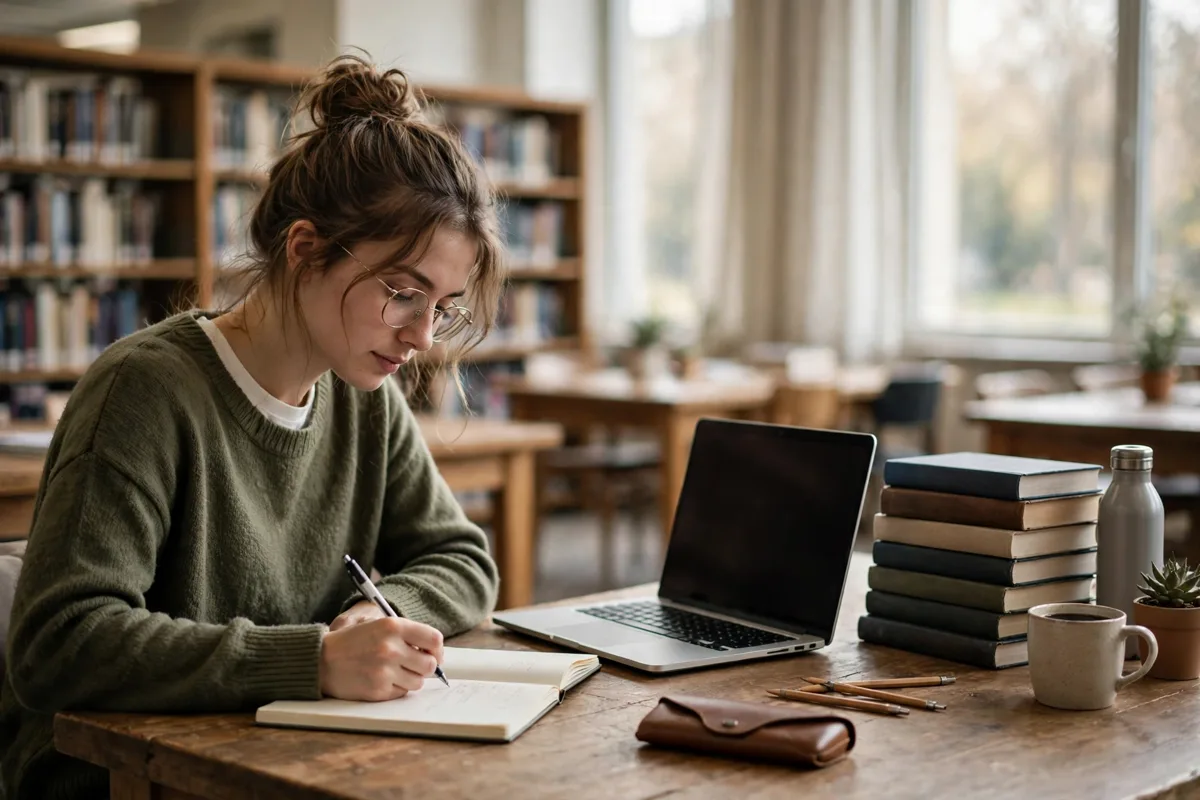 Student writing a thesis statement in a notebook at a library desk